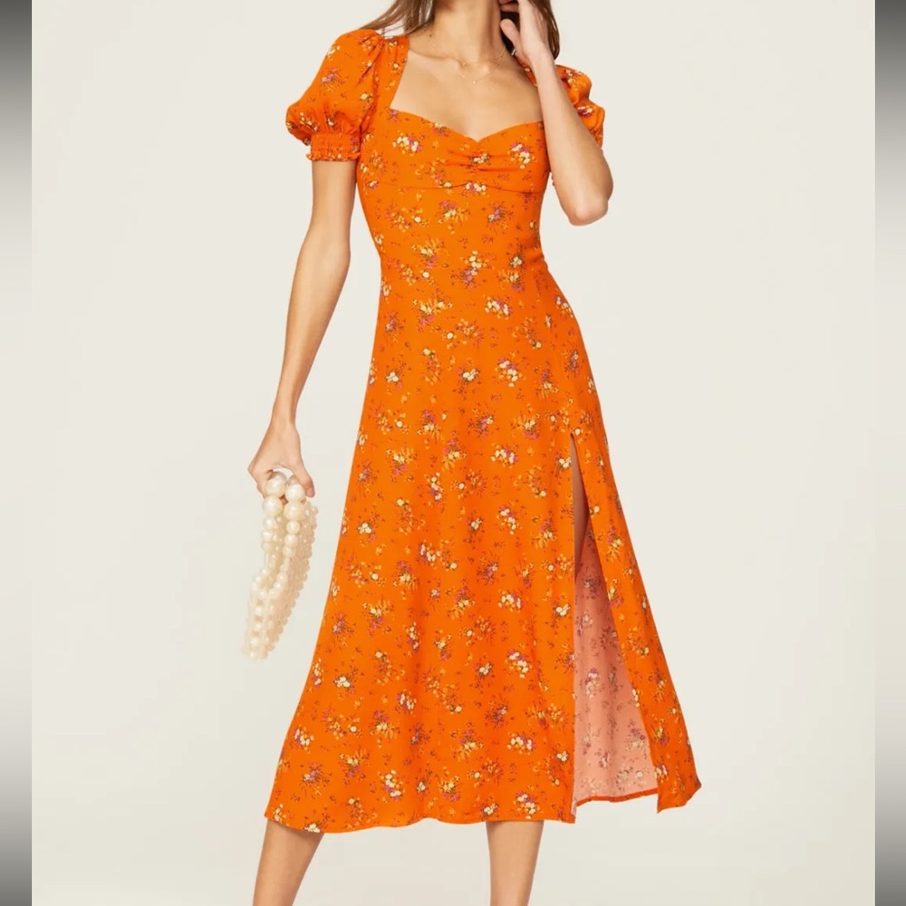 Reformation Lacey Midi Dress Floral Orange Short Puff Sleeve